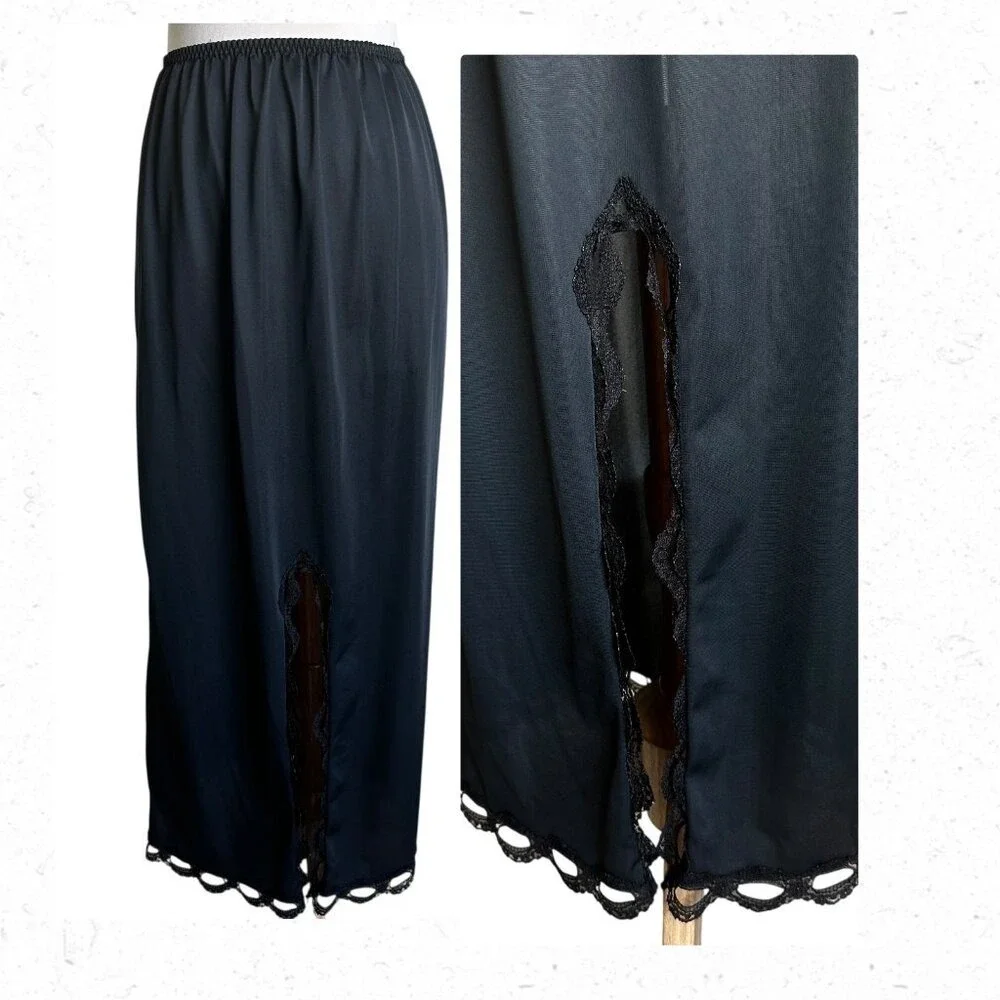 VTG‎ 70s Maxi Half Split Slip M Lace Trim Hem Romantic Goth Lace Coquette Fairy